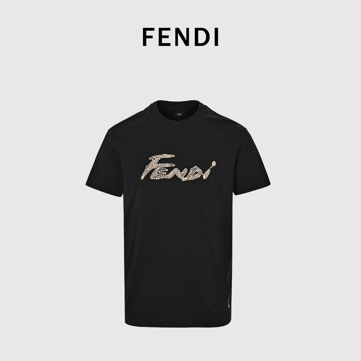 Fendi Rose Gold Crystal Signature Short Sleeve T-Shirt – Black  FY2400714