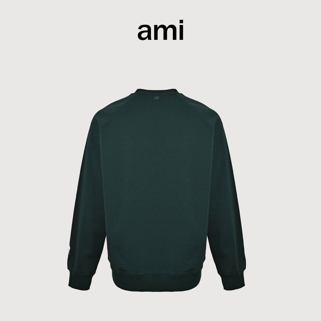 AMI Paris 26SS ADC Heart “Don’t Forget to Love” Terry Cotton Crewneck Sweatshirt — Forest Green H26USW802JE0251