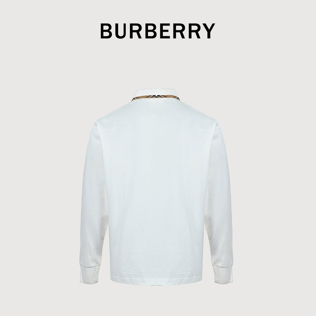 Burberry BBR Check-Collar Piqué Long-Sleeve Polo — White 2026NP3801004
