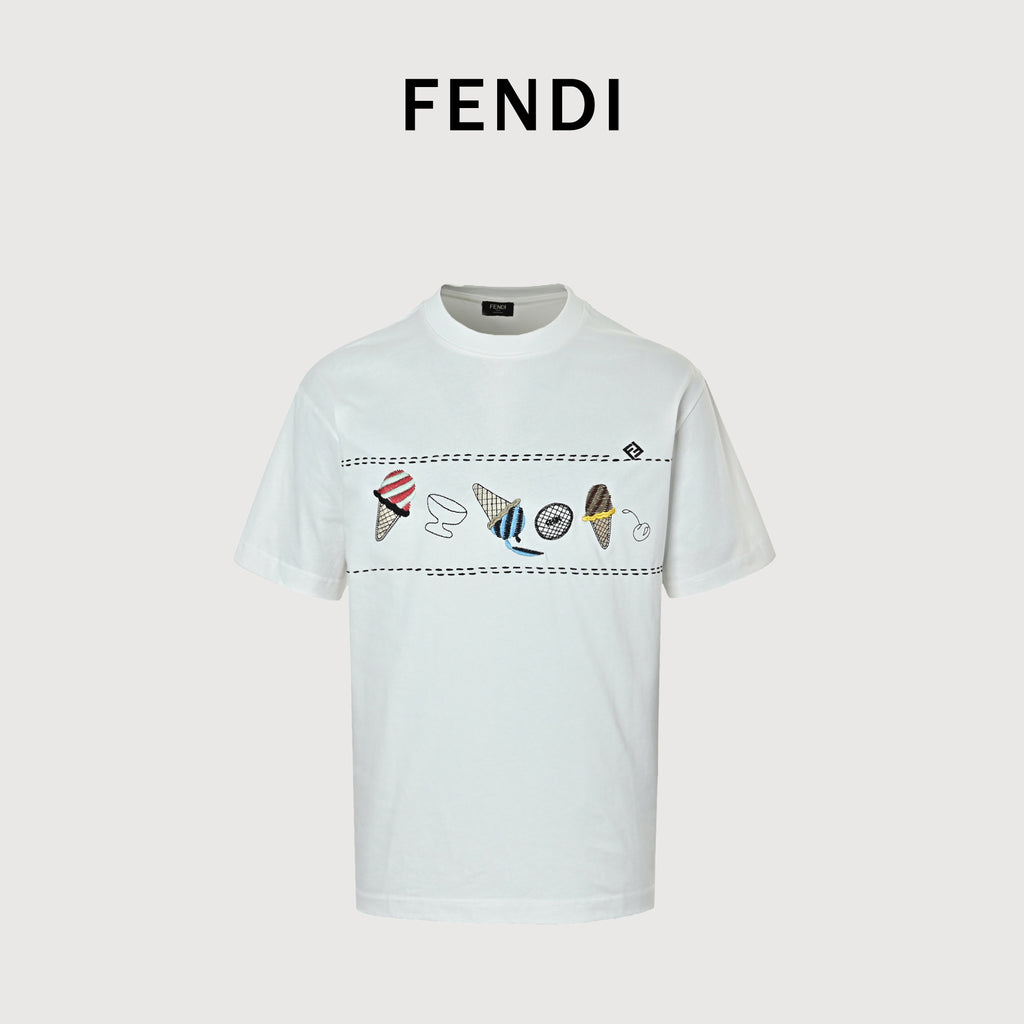 Fendi 26SS Ice Cream Embroidered Short Sleeve T-Shirt – White TS2400703