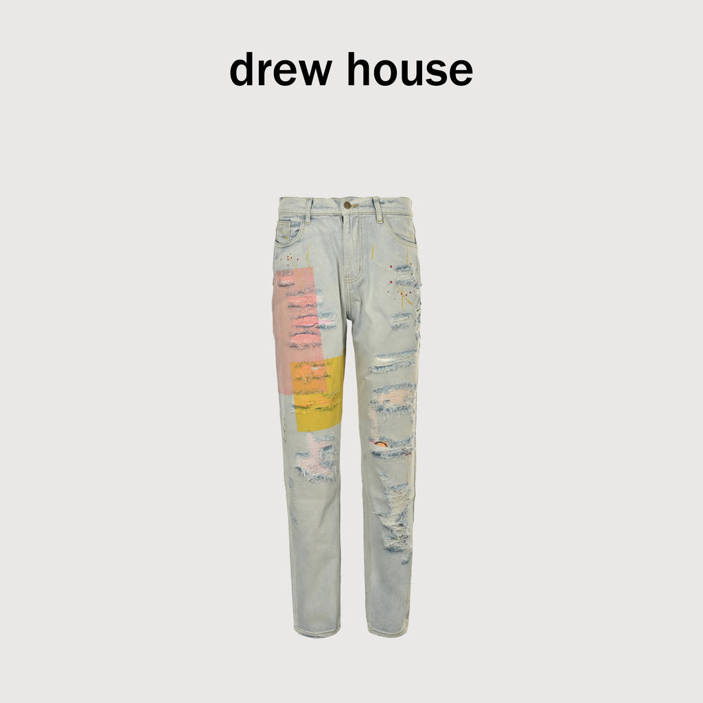Drew House Teddy Bear Smiley Appliqué Destroyed Straight-Leg Jeans – Silver Wash  SG5200823