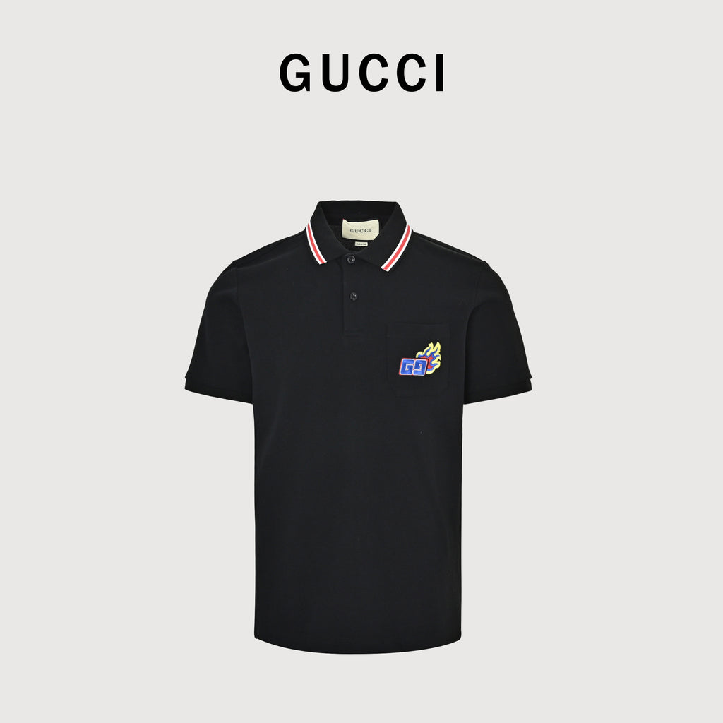 Gucci 24SS Year of the Dragon Flame Embroidered Pocket Polo Shirt – Black