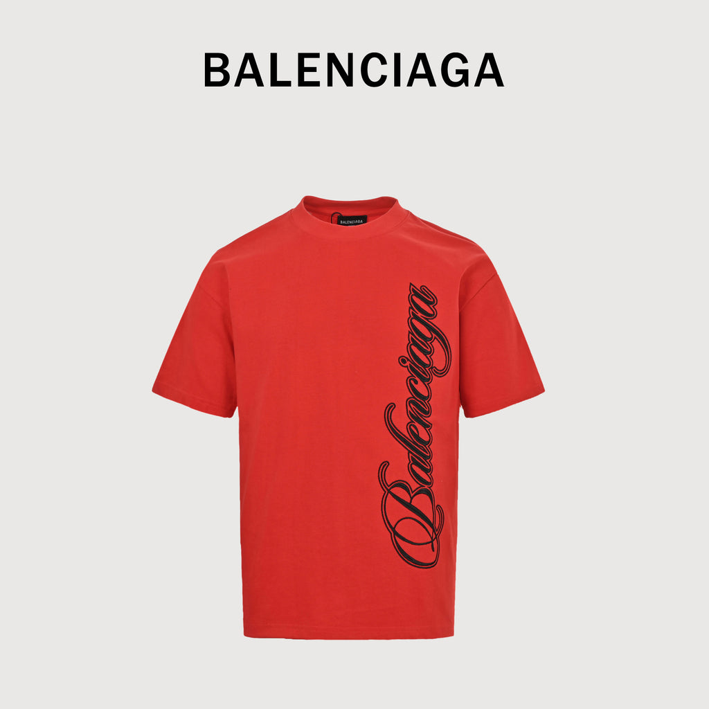 Balenciaga Vertical Script Embroidered Short Sleeve T-Shirt – Red  DK240324-RED