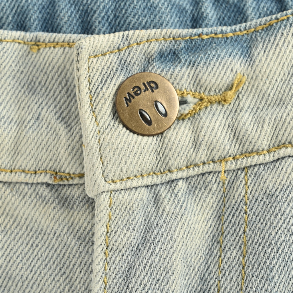 Drew House Teddy Bear Smiley Appliqué Destroyed Straight-Leg Jeans – Silver Wash  SG5200823