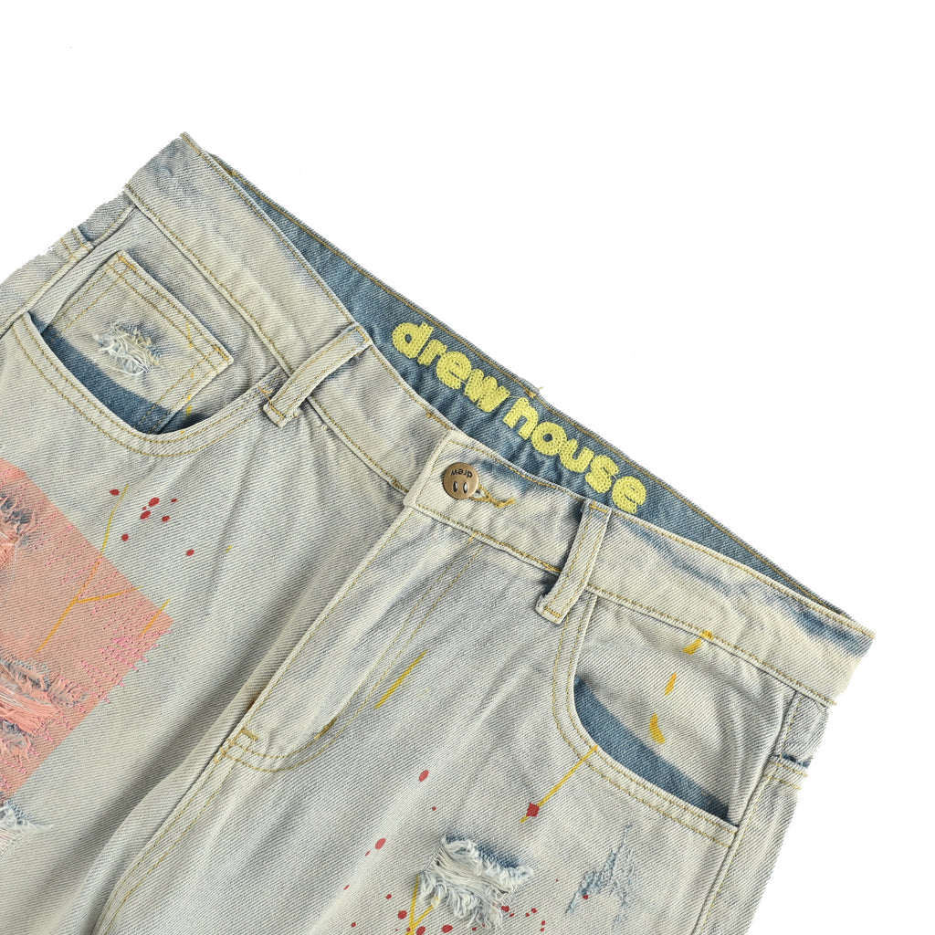 Drew House Teddy Bear Smiley Appliqué Destroyed Straight-Leg Jeans – Silver Wash  SG5200823