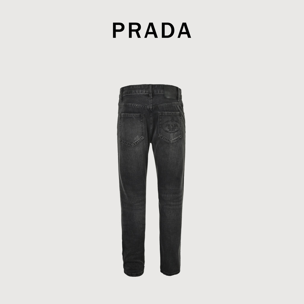 Prada 23FW Triangle Logo Embroidered Washed Slim Jeans – Charcoal  XM5200103