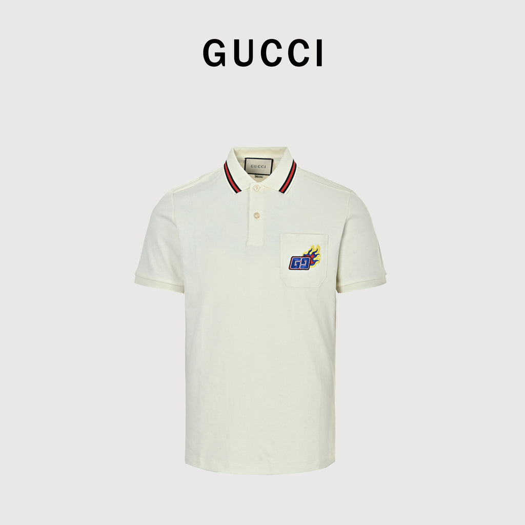 Gucci 24SS Year of the Dragon Flame Embroidered Pocket Polo Shirt – Off-White