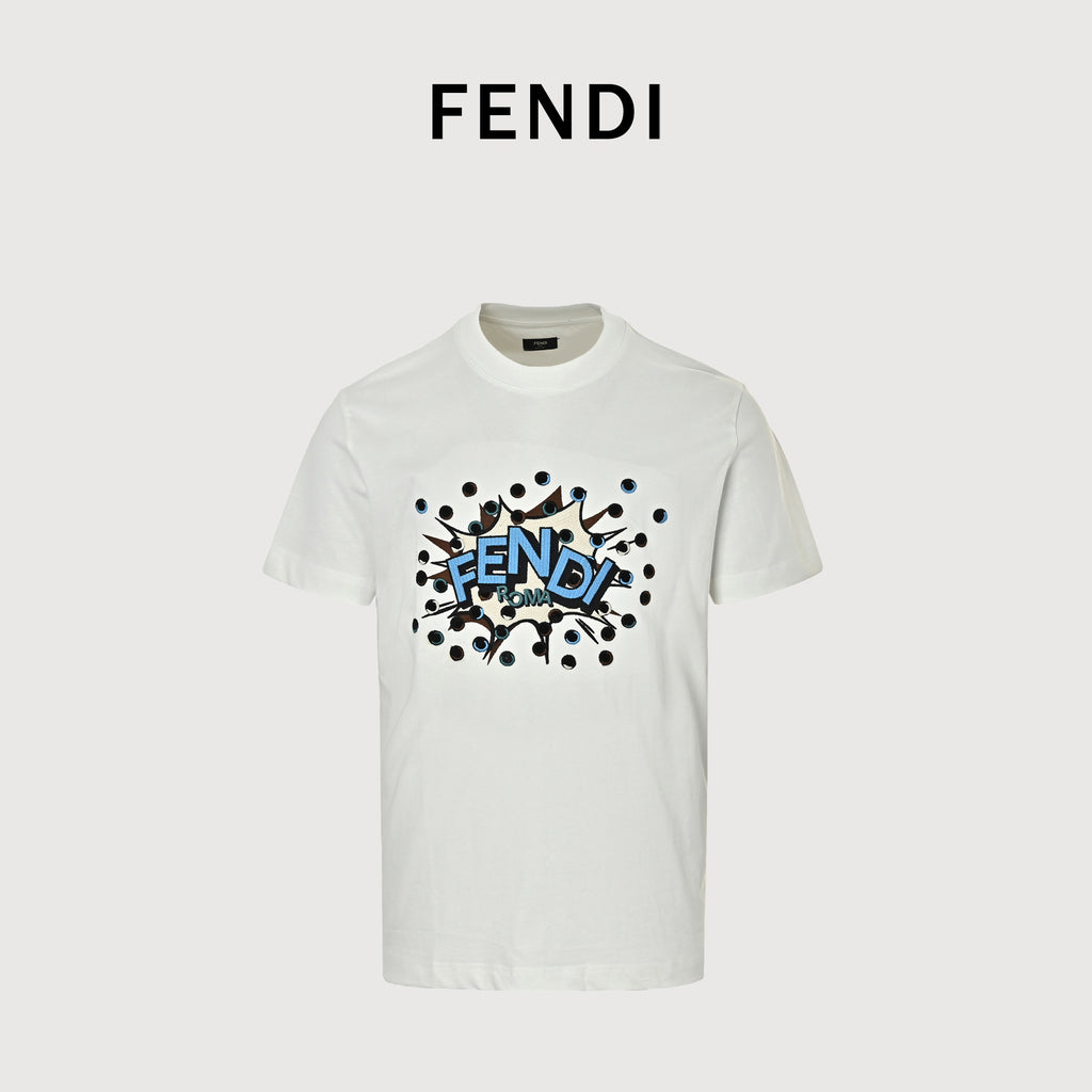Fendi Explosion Polka Dot Letter Embroidered Short Sleeve T-Shirt – White  FY2400703