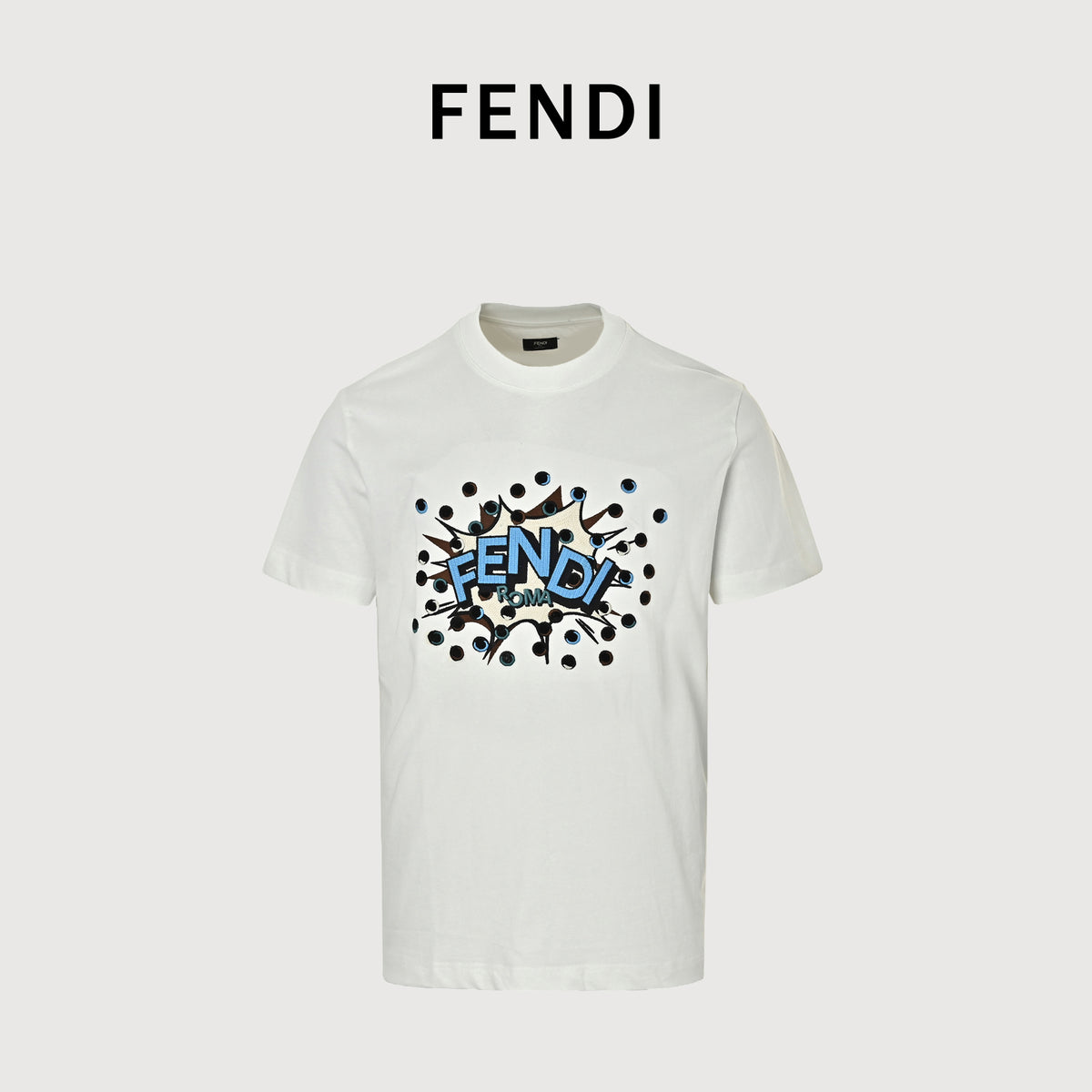 Fendi Explosion Polka Dot Letter Embroidered Short Sleeve T-Shirt – White  FY2400703
