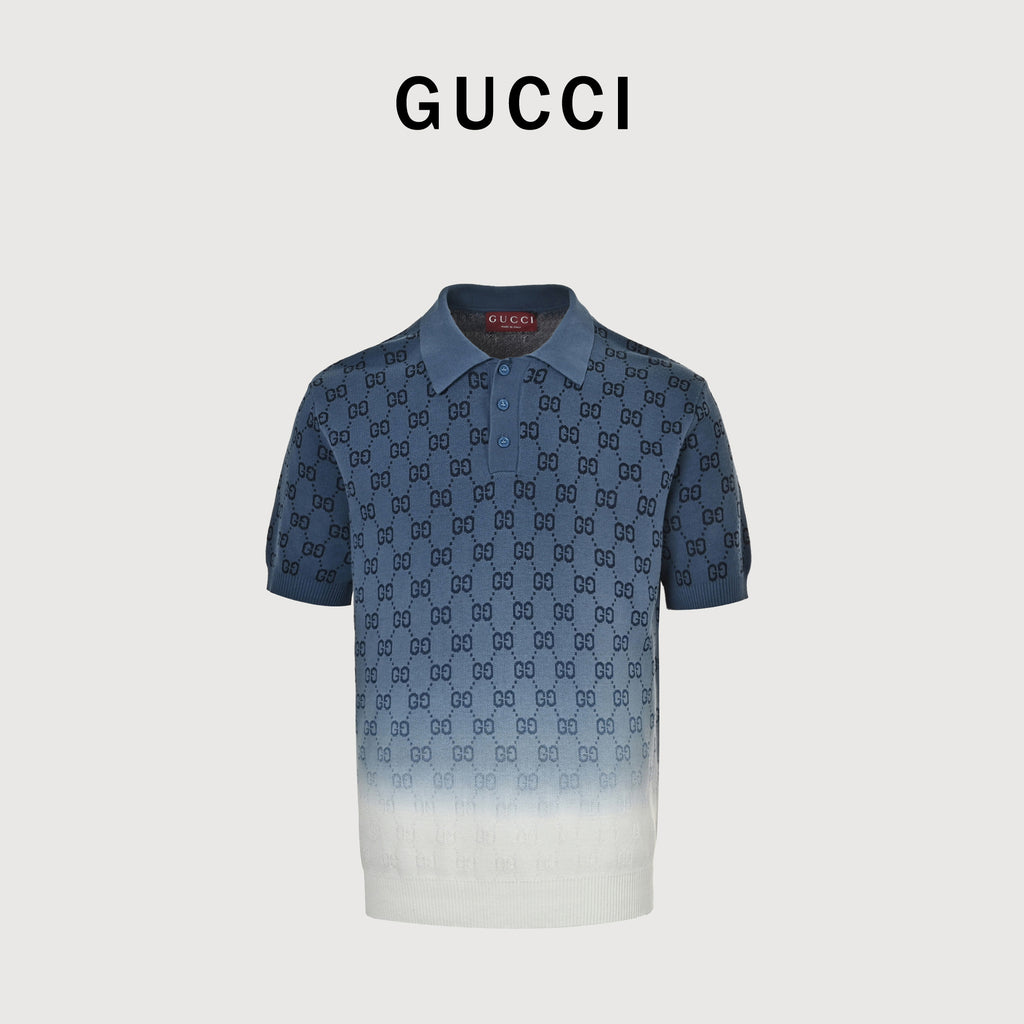 Gucci GG Monogram Gradient Dip-Dye Jacquard Knit Polo Shirt – Navy to White DK3200412