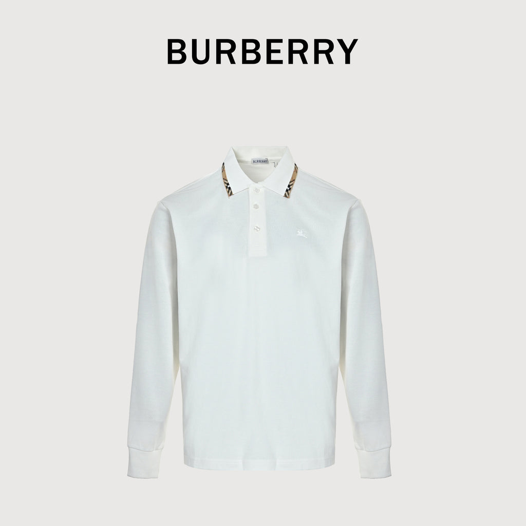 Burberry BBR Check-Collar Piqué Long-Sleeve Polo — White 2026NP3801004