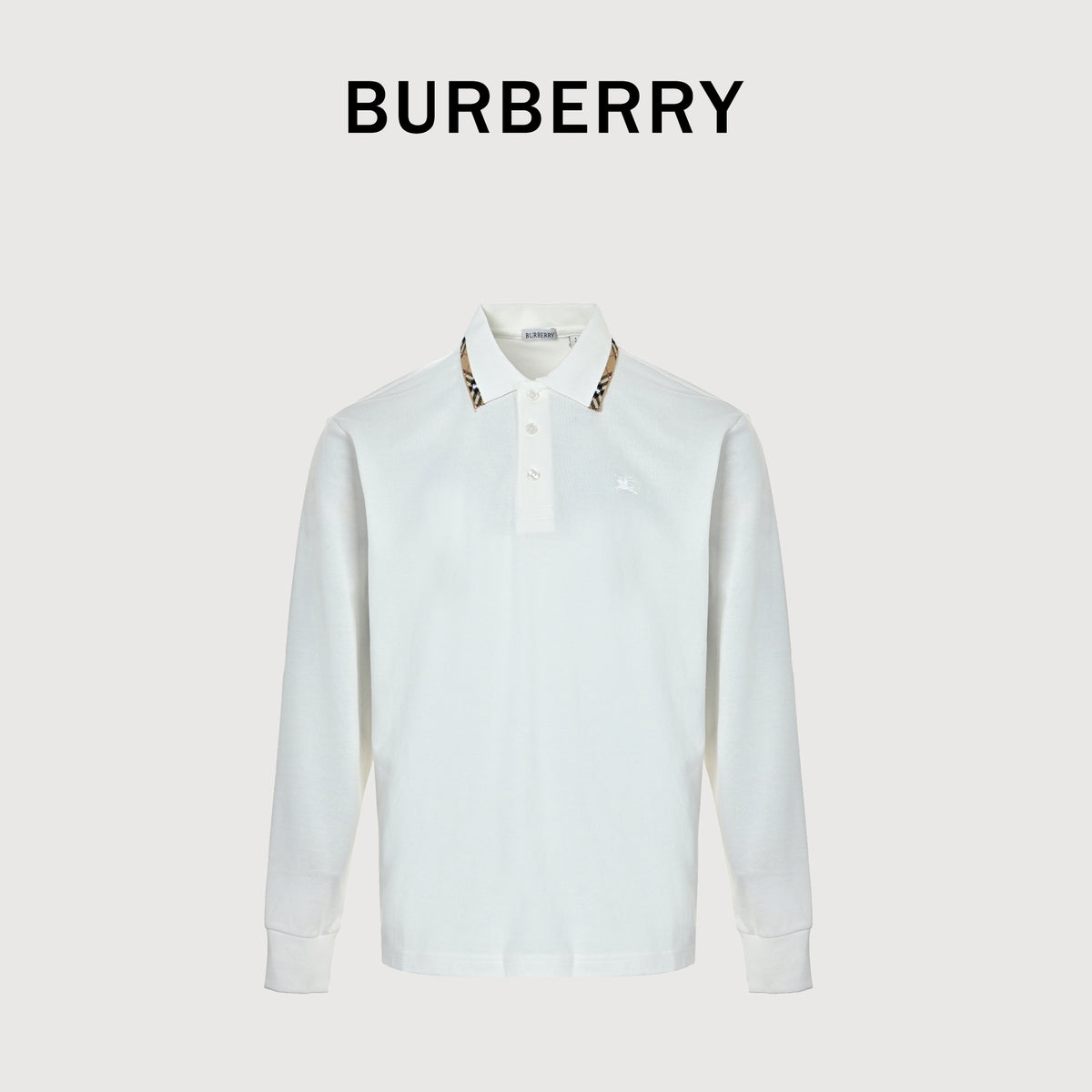 Burberry BBR Check-Collar Piqué Long-Sleeve Polo — White 2026NP3801004