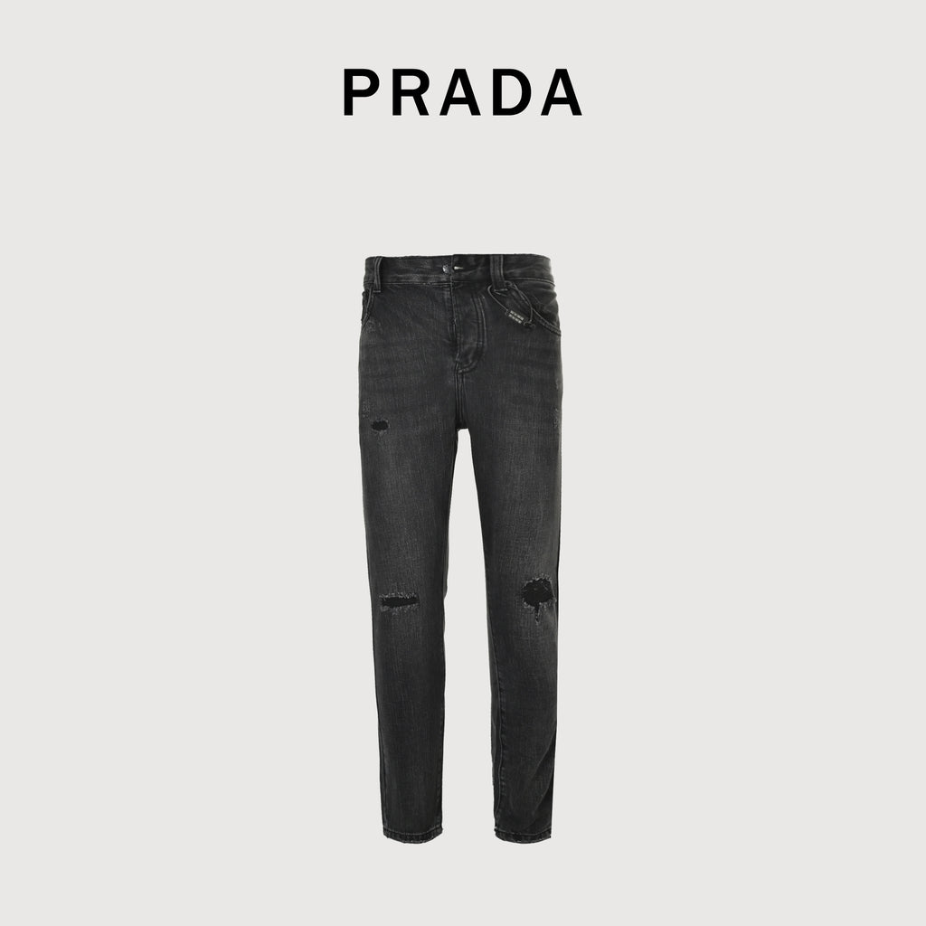 Prada 23FW Triangle Logo Embroidered Washed Slim Jeans – Charcoal  XM5200103