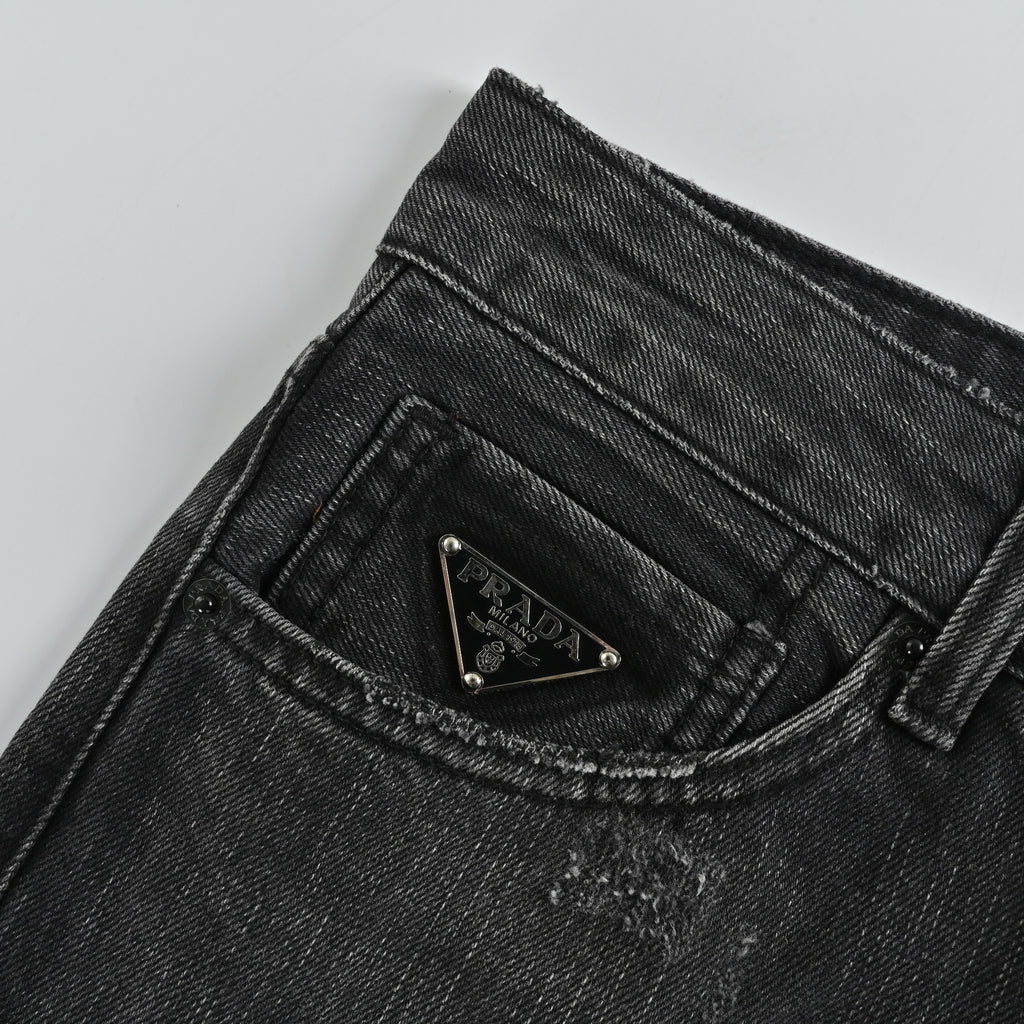 Prada 23FW Triangle Logo Embroidered Washed Slim Jeans – Charcoal  XM5200103