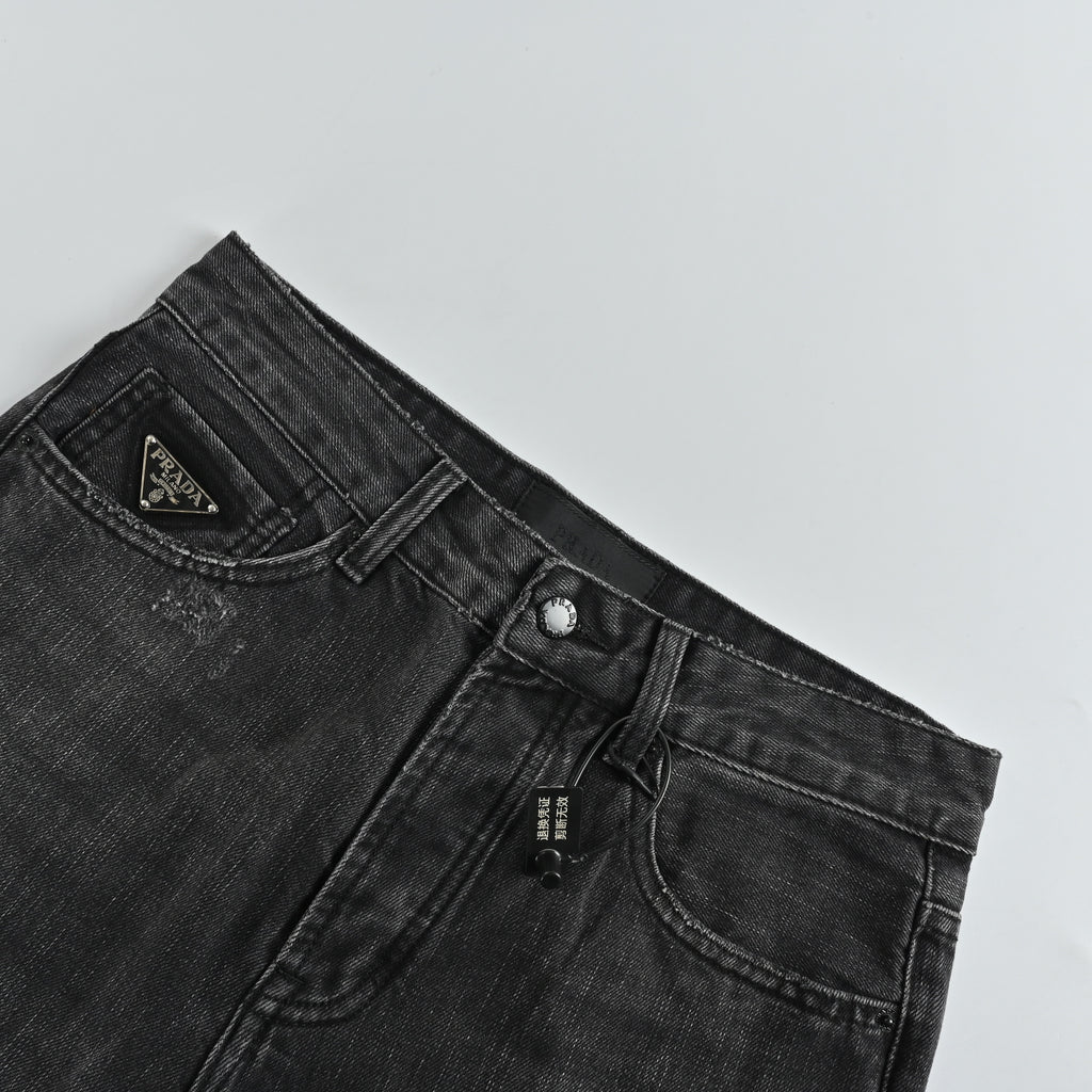 Prada 23FW Triangle Logo Embroidered Washed Slim Jeans – Charcoal  XM5200103