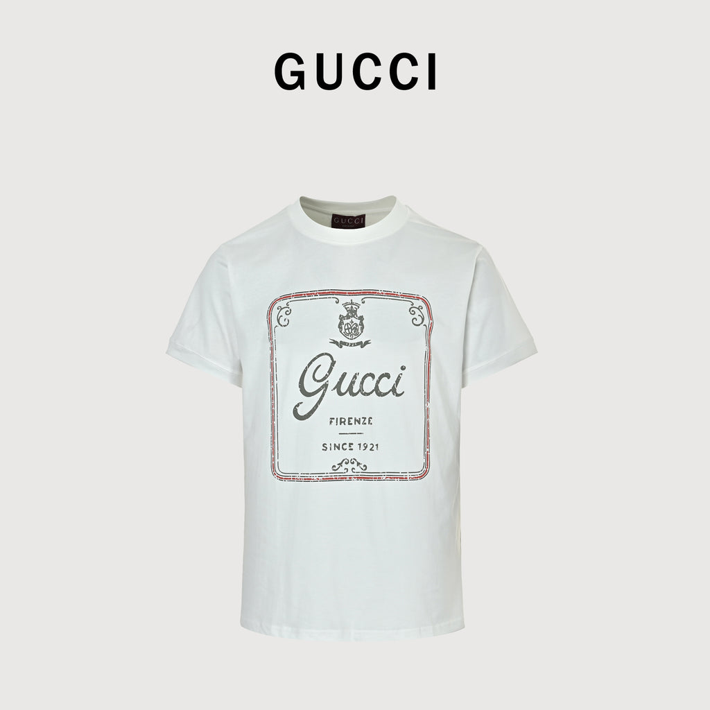 Gucci 26SS Firenze Vintage Label Print Short Sleeve T-Shirt – White  DK2400731