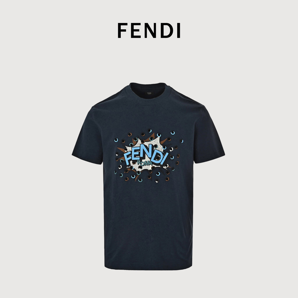Fendi Explosion Polka Dot Letter Embroidered Short Sleeve T-Shirt – Navy  FY2400703-NVY