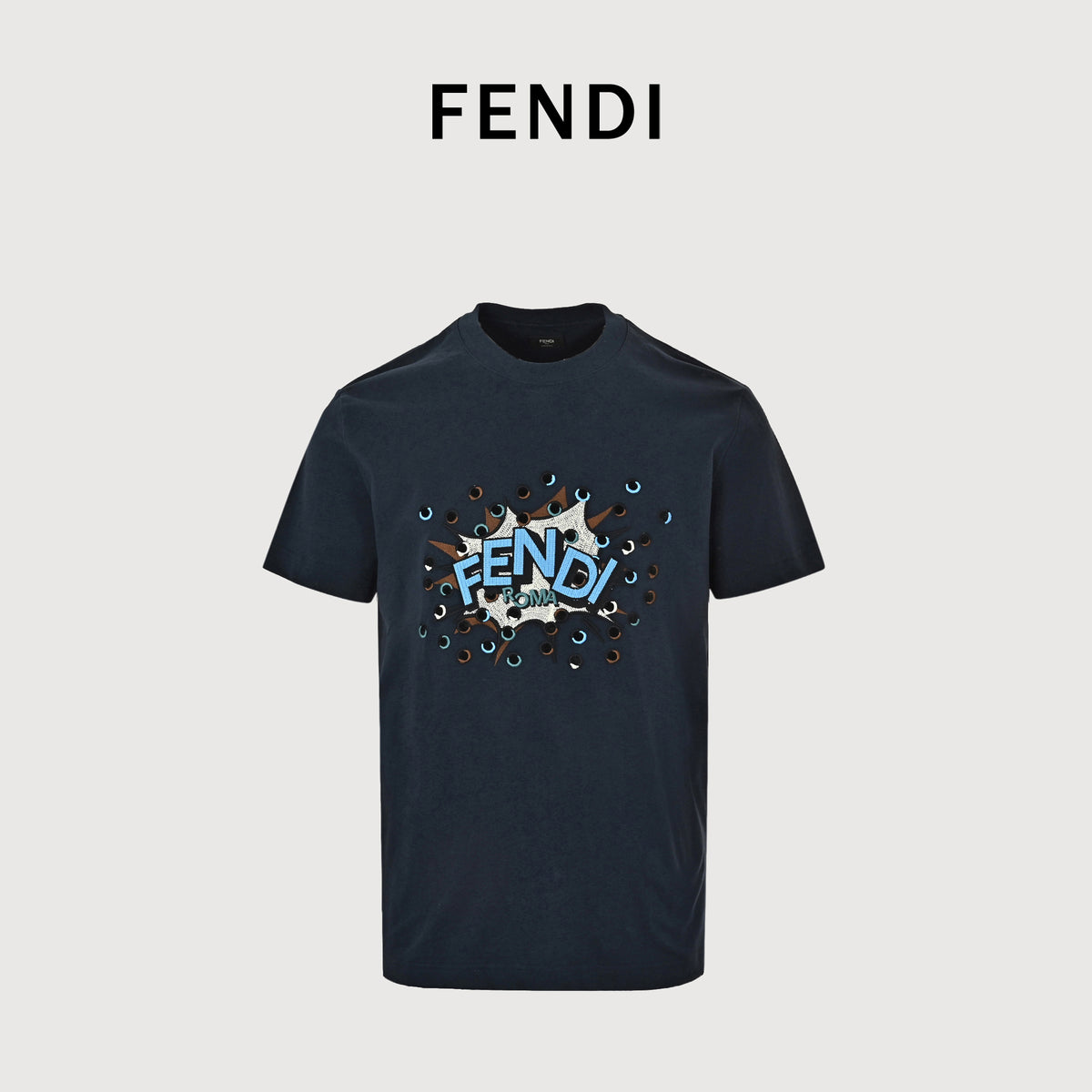 Fendi Explosion Polka Dot Letter Embroidered Short Sleeve T-Shirt – Navy  FY2400703-NVY