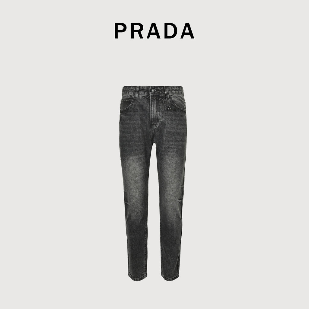 Prada 23FW Triangle Logo Embossed Relief Washed Slim Jeans – Charcoal XM5200100