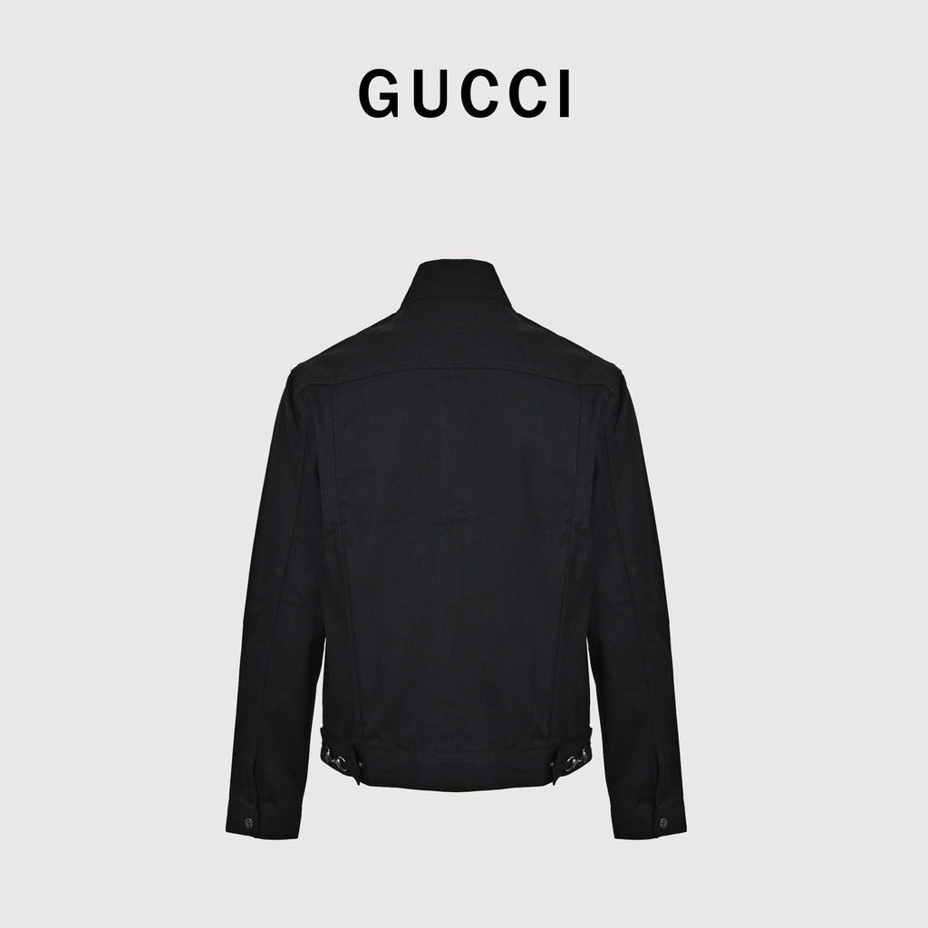 Gucci SS26 La Famiglia Stand-Collar Horseshoe-Buckle Moto Jacket — Black 864799-XDDFZ-1000
