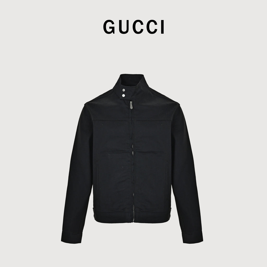 Gucci SS26 La Famiglia Stand-Collar Horseshoe-Buckle Moto Jacket — Black 864799-XDDFZ-1000