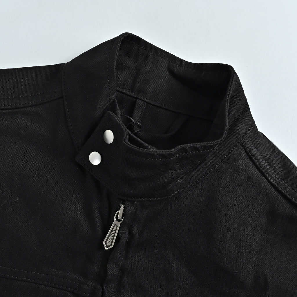 Gucci SS26 La Famiglia Stand-Collar Horseshoe-Buckle Moto Jacket — Black 864799-XDDFZ-1000