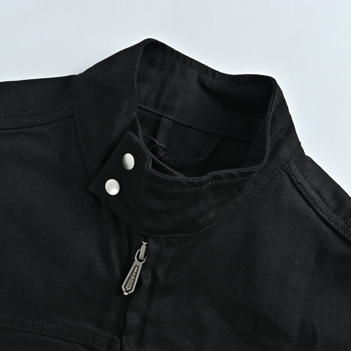 Gucci SS26 La Famiglia Stand-Collar Horseshoe-Buckle Moto Jacket — Black 864799-XDDFZ-1000