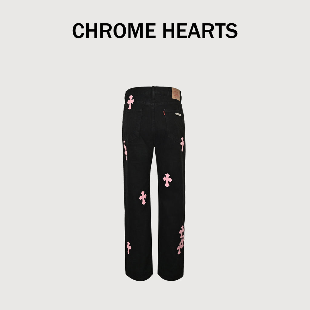 Chrome Hearts Couture Cross Leather Appliqué Washed Straight-Leg Jeans – Black  XM5600824