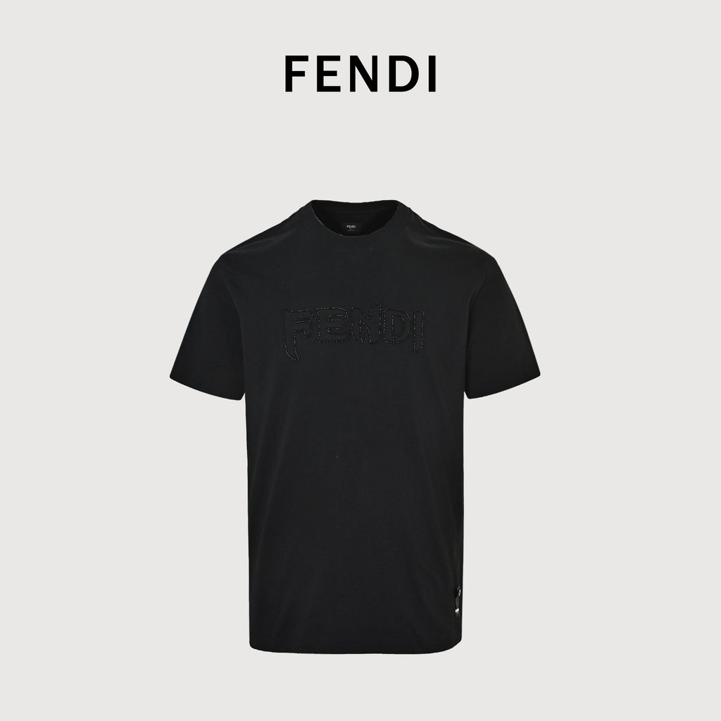 Fendi Tonal Crystal Embroidered Short Sleeve T-Shirt – Black FY2400628