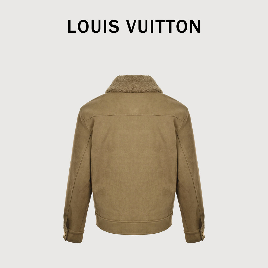Louis Vuitton LV Embossed Relief Shearling-Collar Denim Jacket 2025 Tan Camel  HY7001115-TAN
