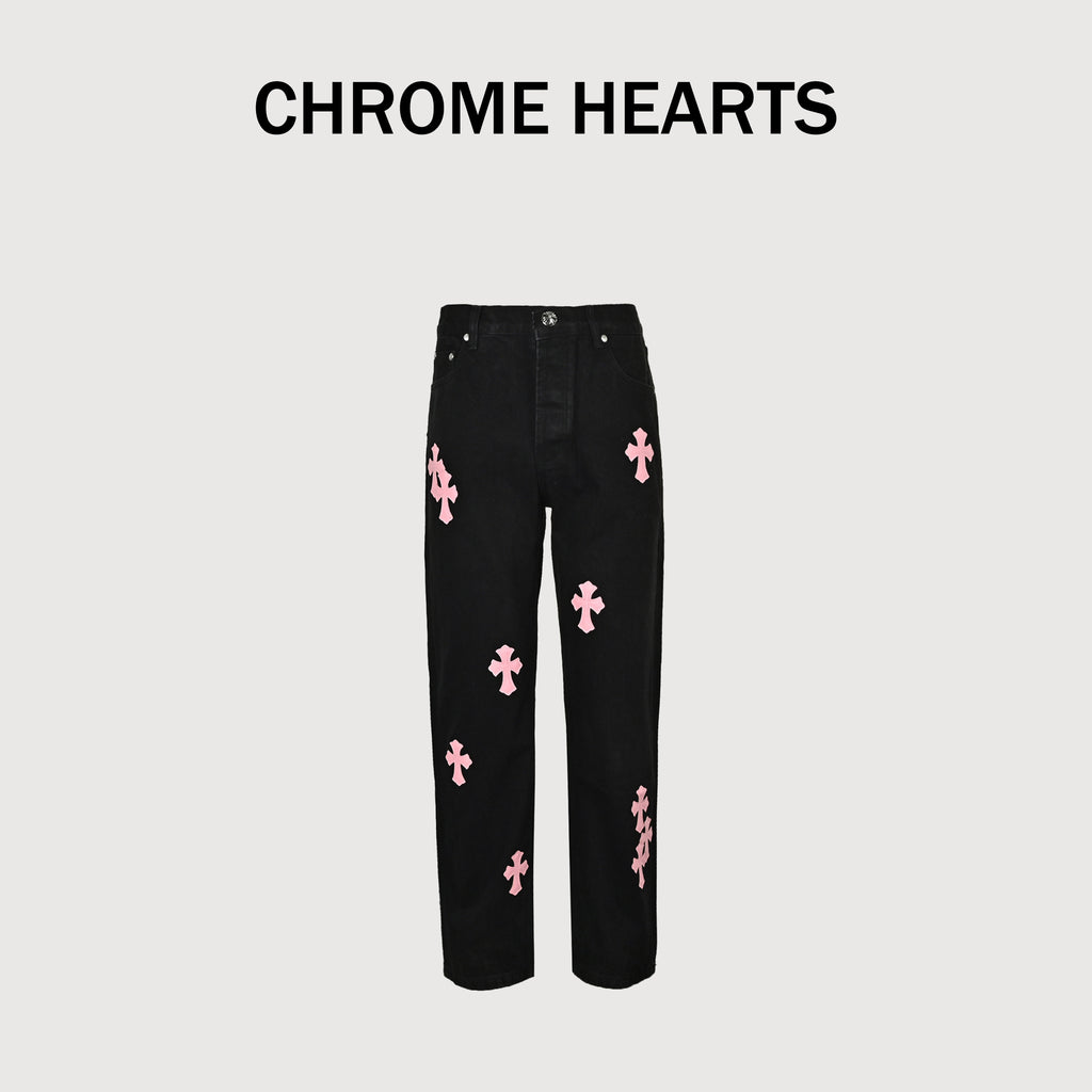 Chrome Hearts Couture Cross Leather Appliqué Washed Straight-Leg Jeans – Black  XM5600824