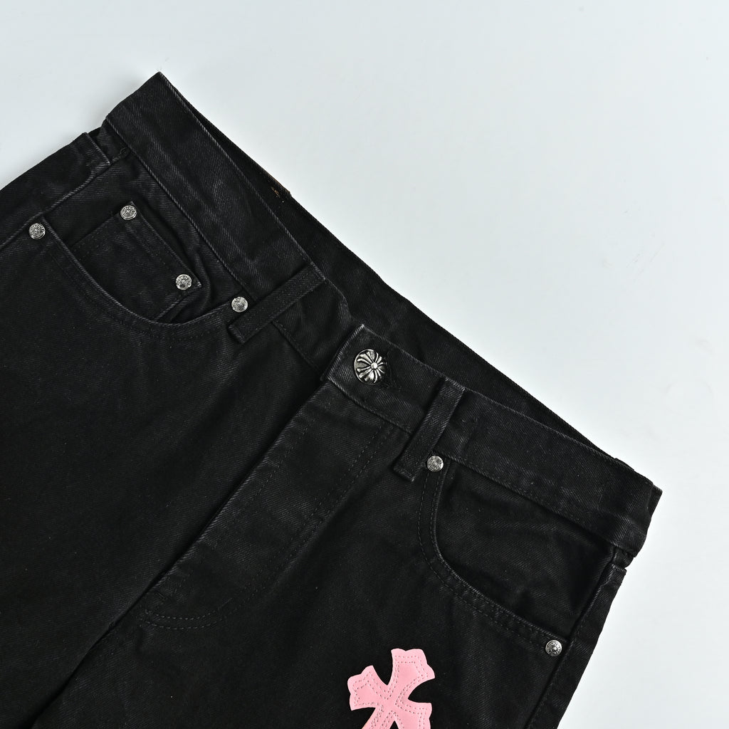 Chrome Hearts Couture Cross Leather Appliqué Washed Straight-Leg Jeans – Black  XM5600824