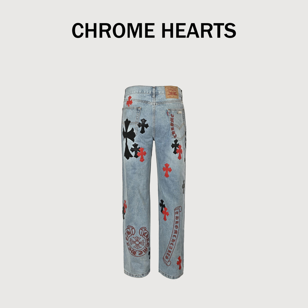 Chrome Hearts Couture Cross Leather Appliqué Graphic Washed Straight-Leg Jeans – Light BlueXM5600824-LBL