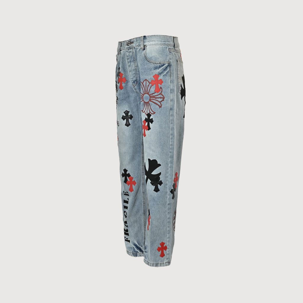 Chrome Hearts Couture Cross Leather Appliqué Graphic Washed Straight-Leg Jeans – Light BlueXM5600824-LBL