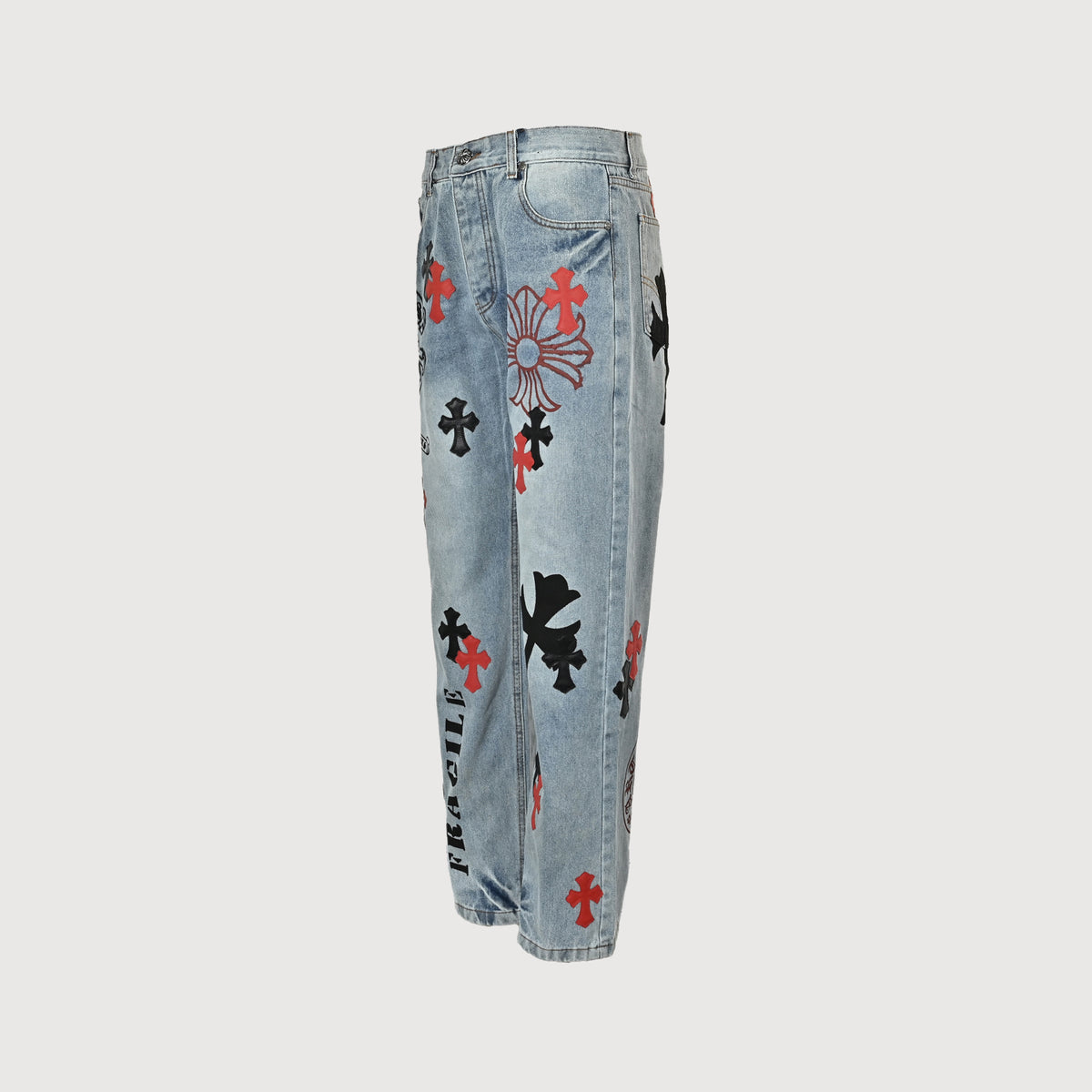 Chrome Hearts Couture Cross Leather Appliqué Graphic Washed Straight-Leg Jeans – Light BlueXM5600824-LBL