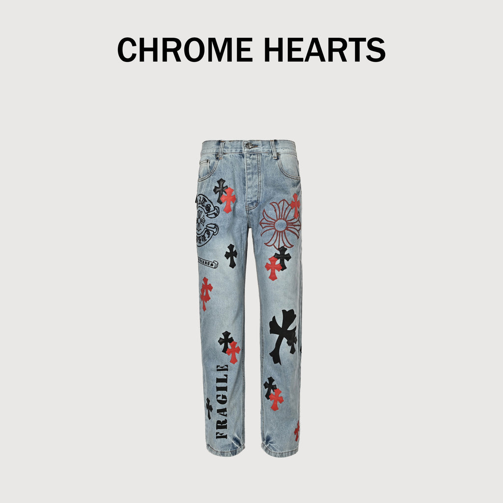 Chrome Hearts Couture Cross Leather Appliqué Graphic Washed Straight-Leg Jeans – Light BlueXM5600824-LBL