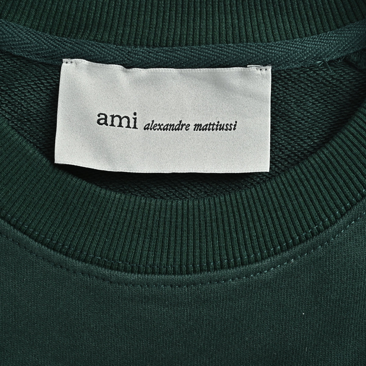 AMI Paris 26SS ADC Heart “Don’t Forget to Love” Terry Cotton Crewneck Sweatshirt — Forest Green H26USW802JE0251