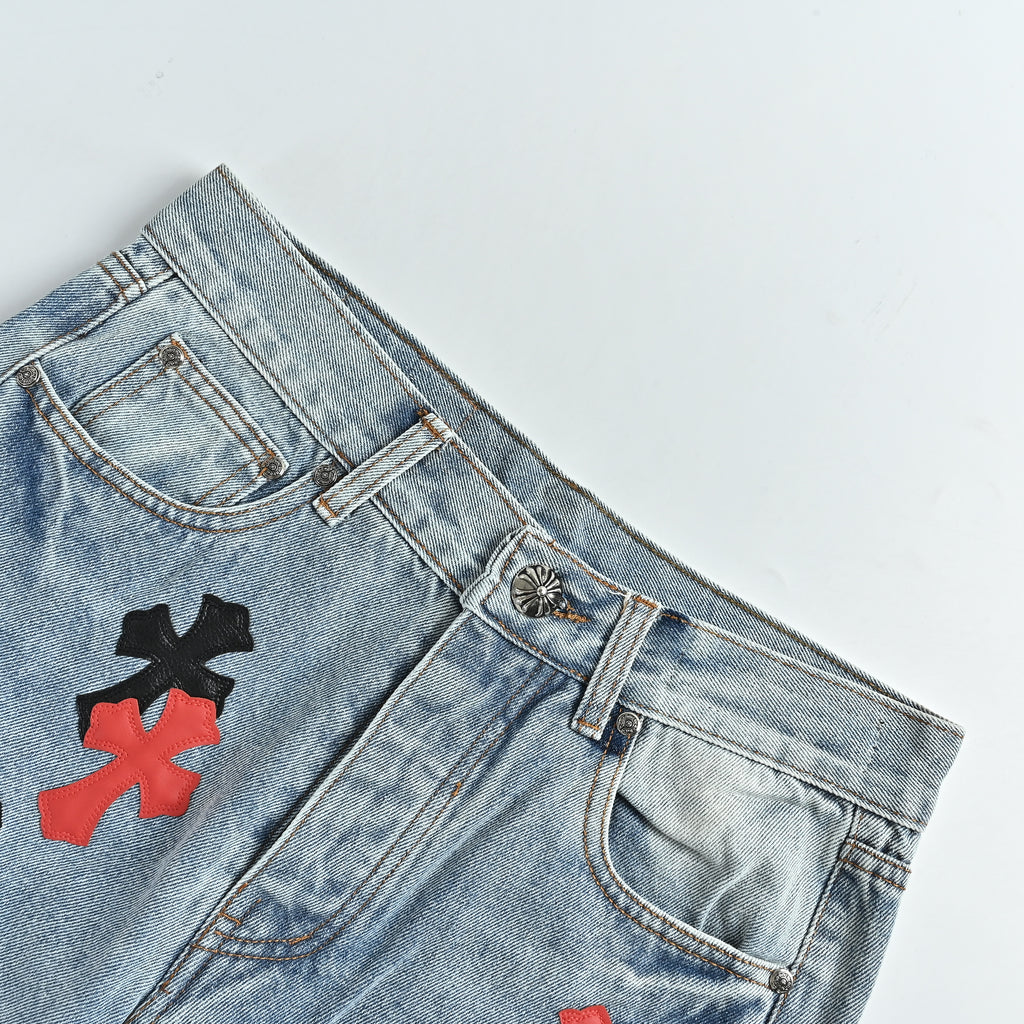 Chrome Hearts Couture Cross Leather Appliqué Graphic Washed Straight-Leg Jeans – Light BlueXM5600824-LBL