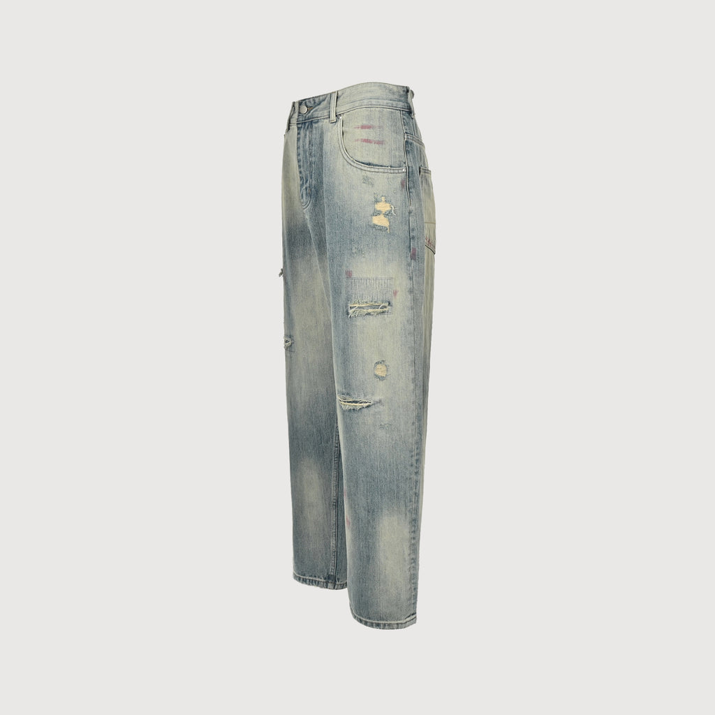 ANCELLM 25SS Destroyed Patch Tapered Jeans – Washed Blue  SG6400317