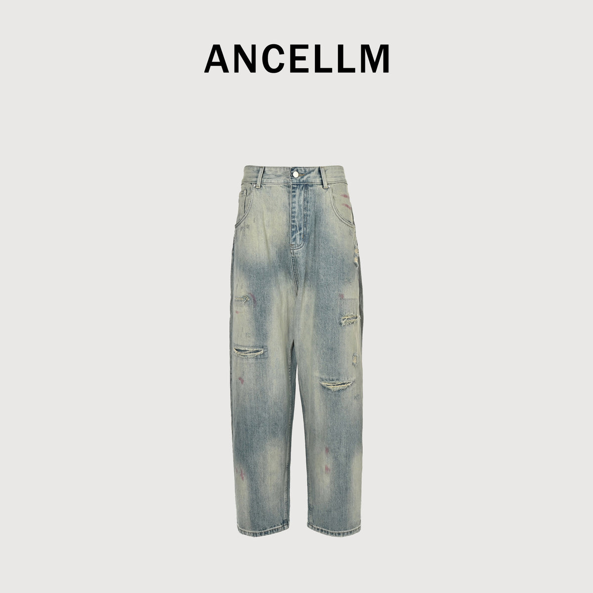 ANCELLM 25SS Destroyed Patch Tapered Jeans – Washed Blue  SG6400317