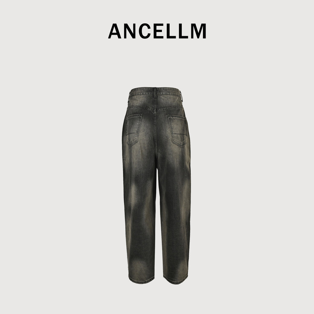 ANCELLM 25SS Mud-Dye Spray Destroyed Wide-Leg Jeans – Charcoal SG6400317-MUD