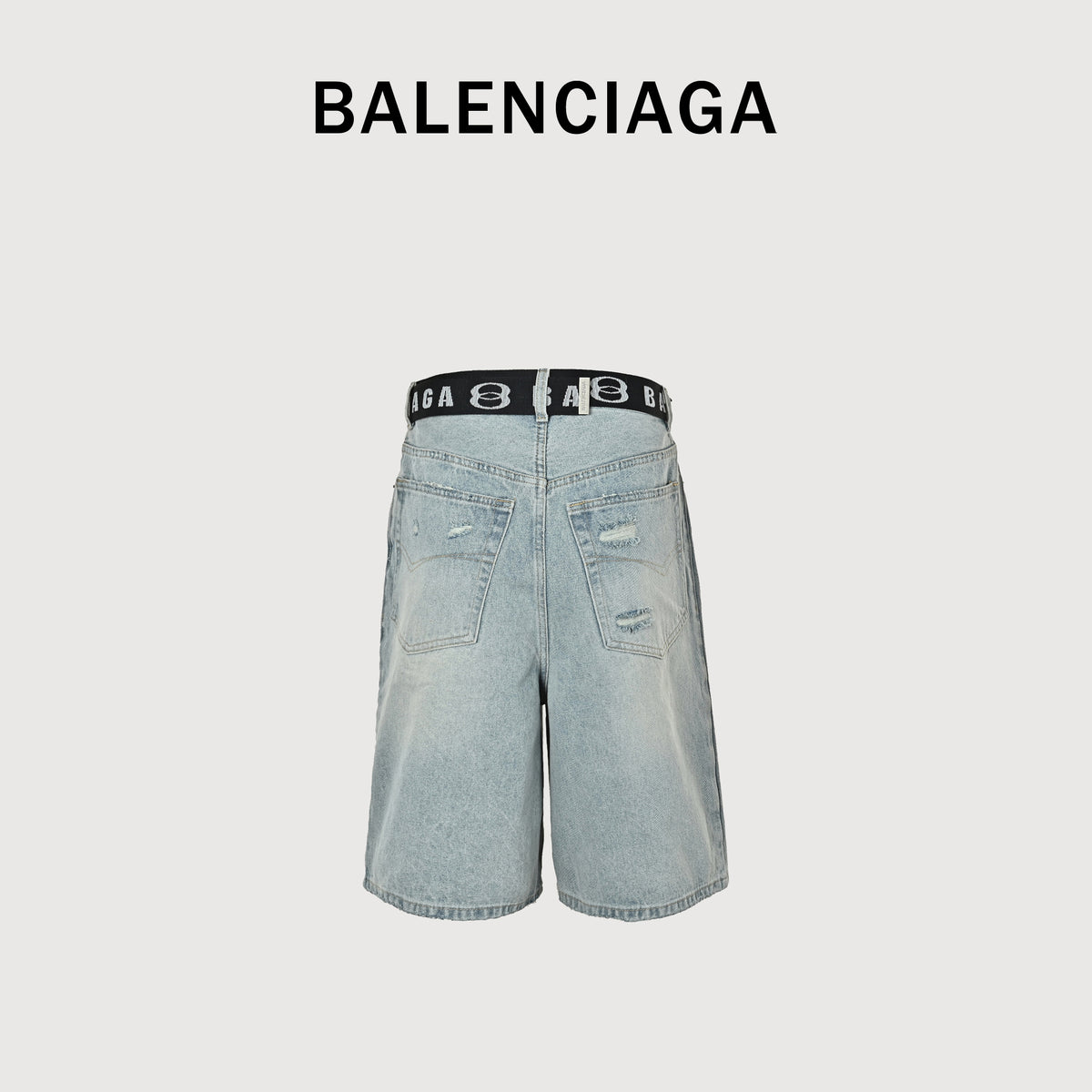 Balenciaga Paris Logo Waistband Washed Denim Shorts YS48000716