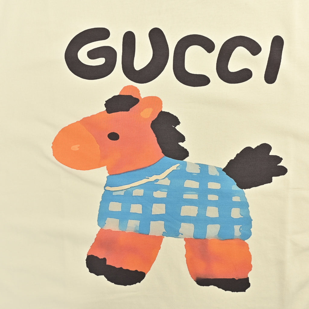Gucci New Cartoon Series Plaid Jacket Pony Short Sleeve T-Shirt – Cream TS2200326-CRM