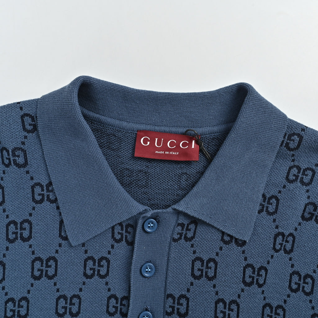 Gucci GG Monogram Gradient Dip-Dye Jacquard Knit Polo Shirt – Navy to White DK3200412