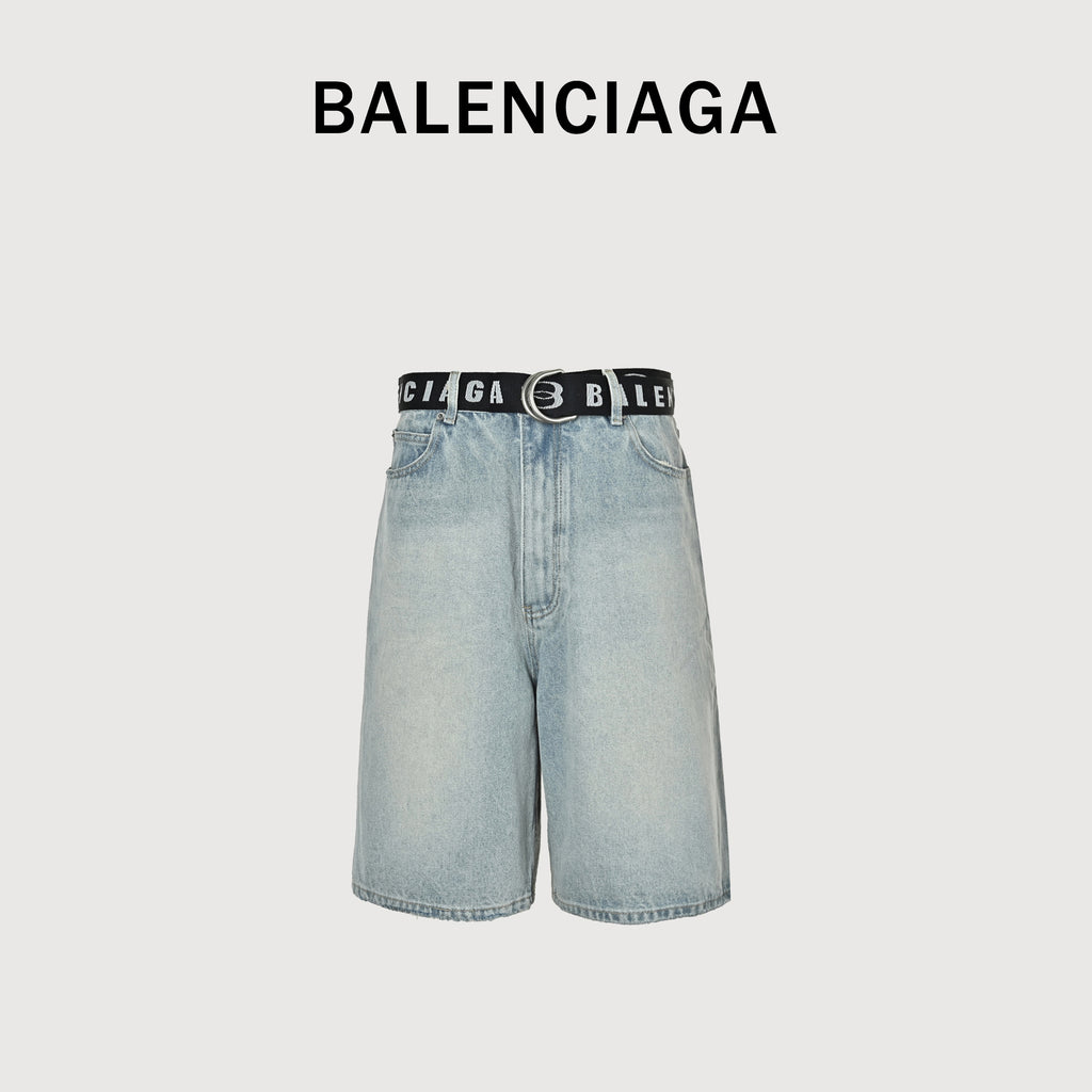 Balenciaga Paris Logo Waistband Washed Denim Shorts YS48000716