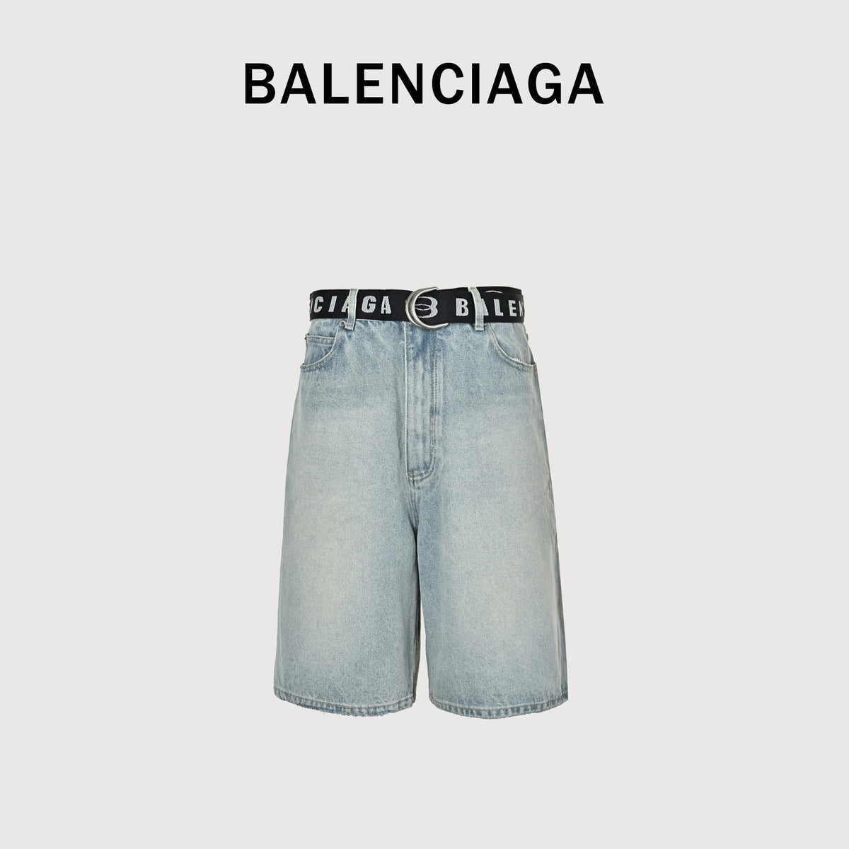 Balenciaga Paris Logo Waistband Washed Denim Shorts YS48000716