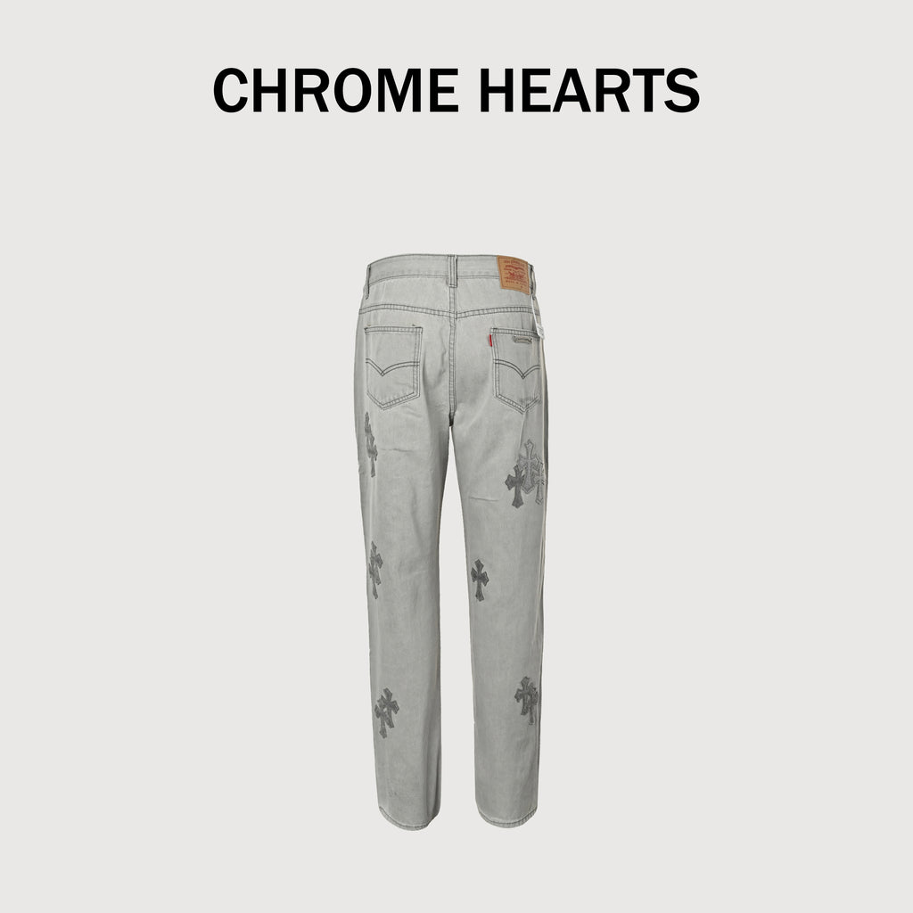 Chrome Hearts Couture Cross Leather Appliqué Washed Straight-Leg Jeans – Silver Grey XM5600824-SGR
