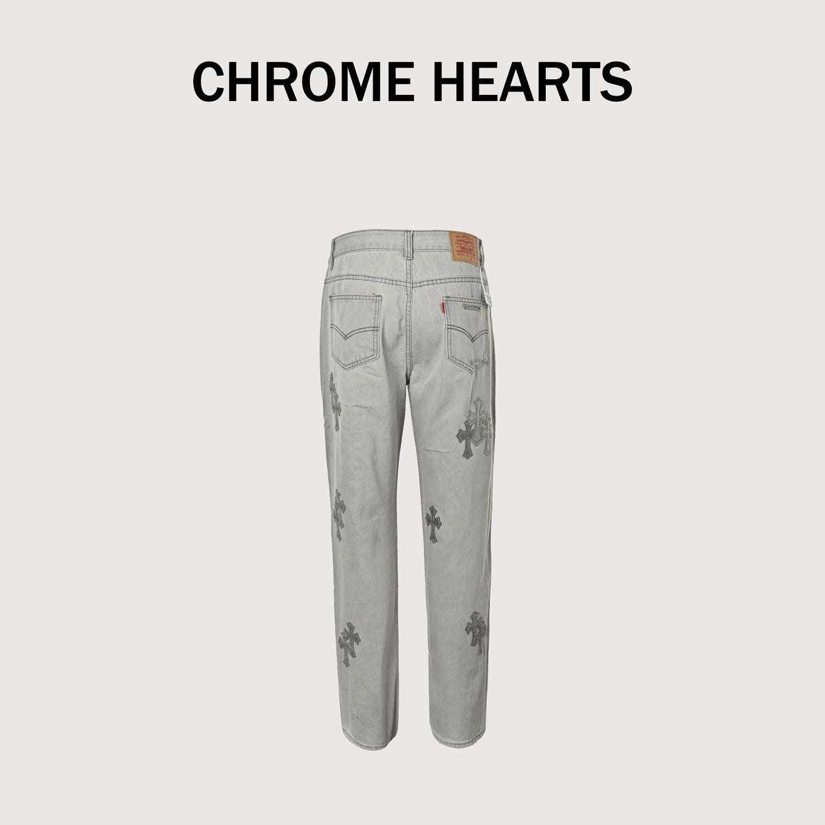 Chrome Hearts Couture Cross Leather Appliqué Washed Straight-Leg Jeans – Silver Grey XM5600824-SGR