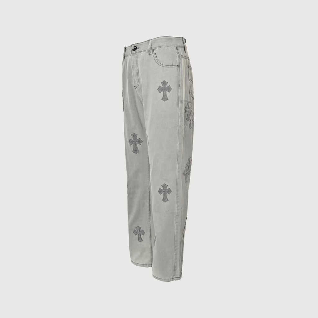 Chrome Hearts Couture Cross Leather Appliqué Washed Straight-Leg Jeans – Silver Grey XM5600824-SGR