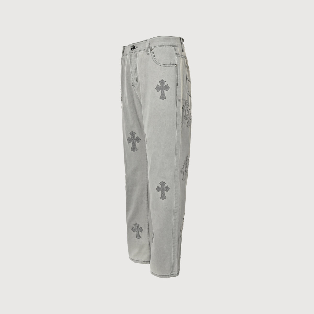 Chrome Hearts Couture Cross Leather Appliqué Washed Straight-Leg Jeans – Silver Grey XM5600824-SGR